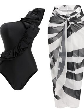 Black One-Shoulder Ruffle Swimsuit with Zebra Print Sarong Size Woman Medium